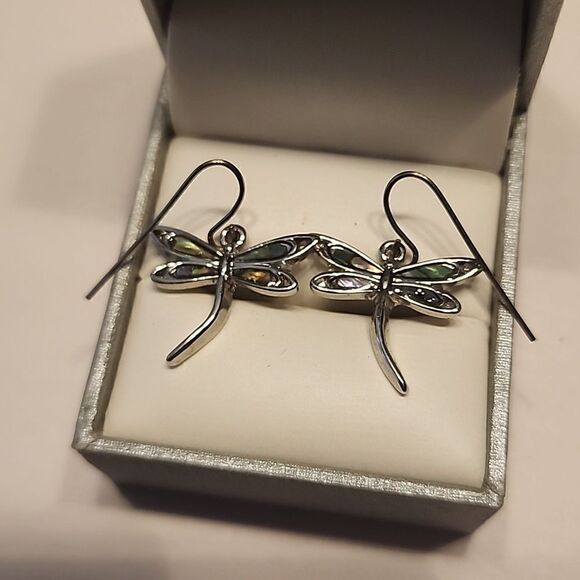 Abalone Dragonfly Earrings Silver Tone Dangle Drop Womens - Picture 2 of 3